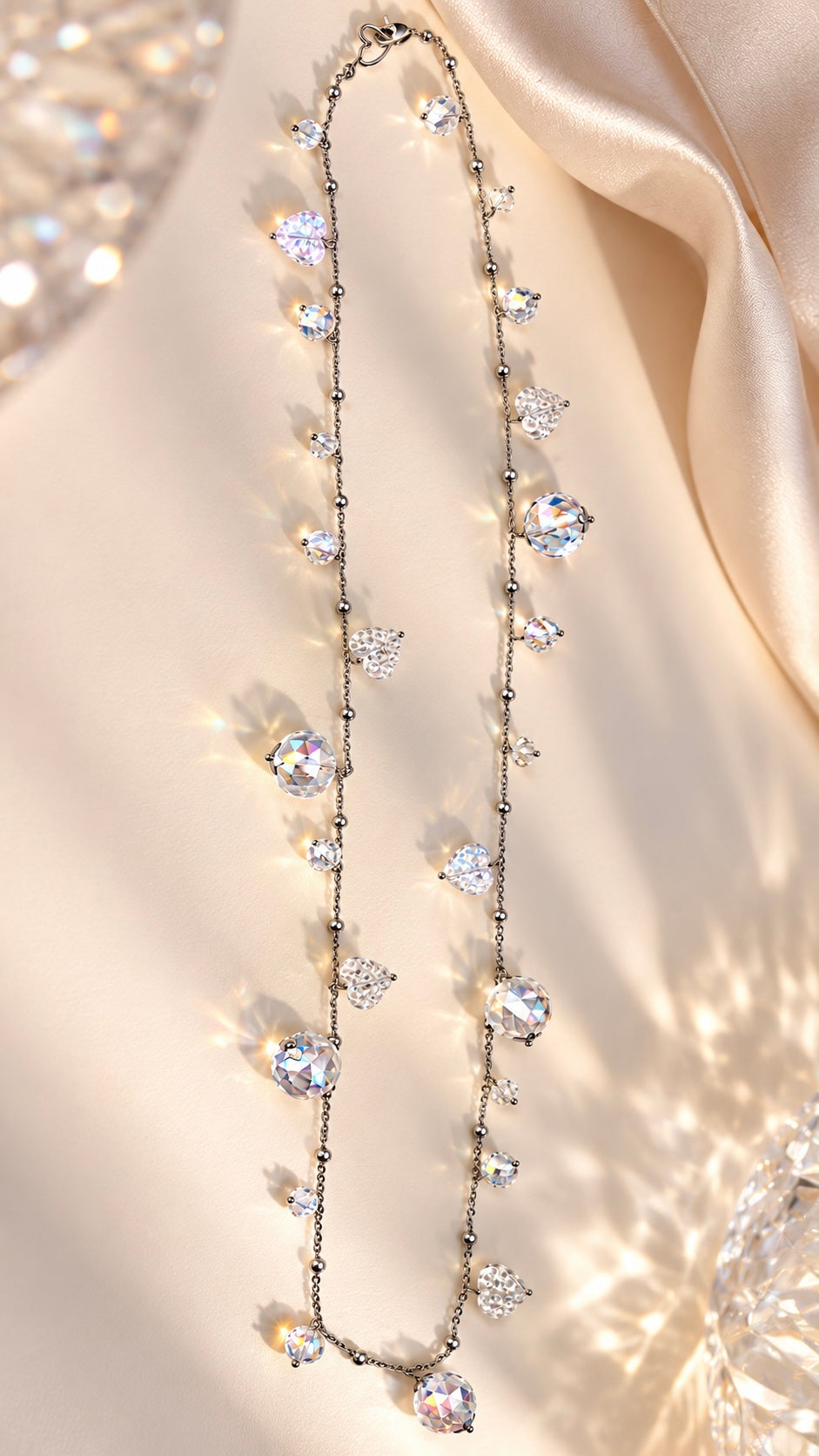 Collana lunga Crystal Bubble 90 cm in acciaio con cristalli e perle di vetro sfaccettate – Vizio Gioielli