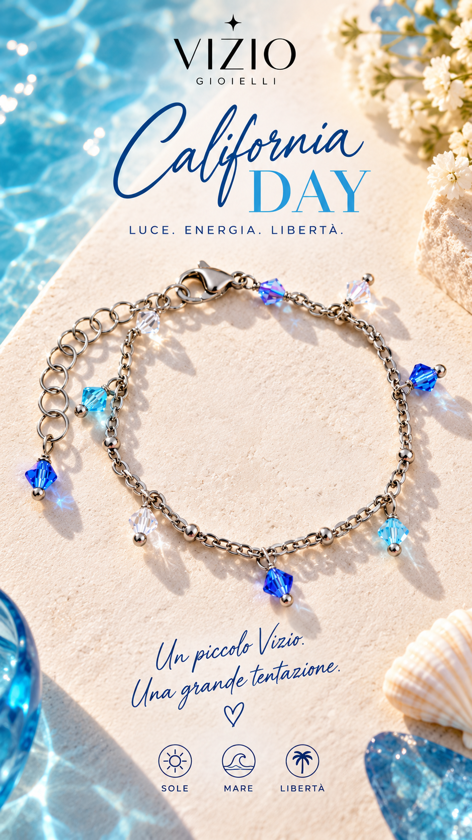Bracciale in acciaio con cristalli blu California Day – Vizio Gioielli