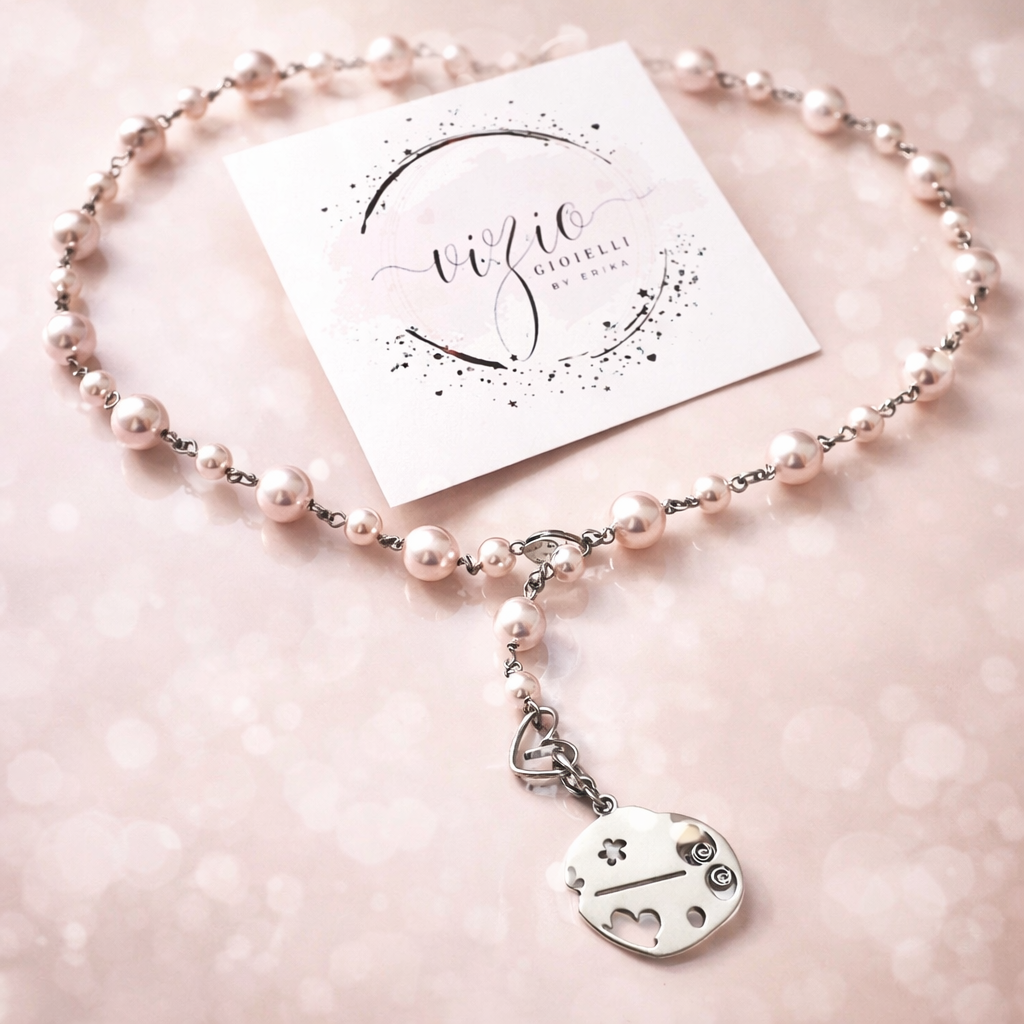 Girocollo Rosario in acciaio e perle Swarovski rosa Vizio Gioielli
