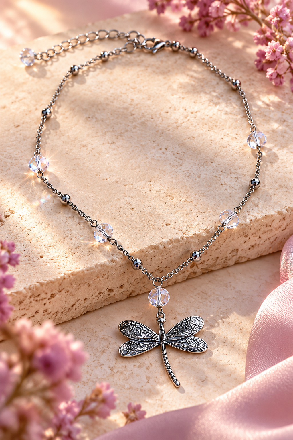 Girocollo Libellula in acciaio silver con cristalli trasparenti e ciondolo a forma di libellula, firmato Vizio Gioielli.