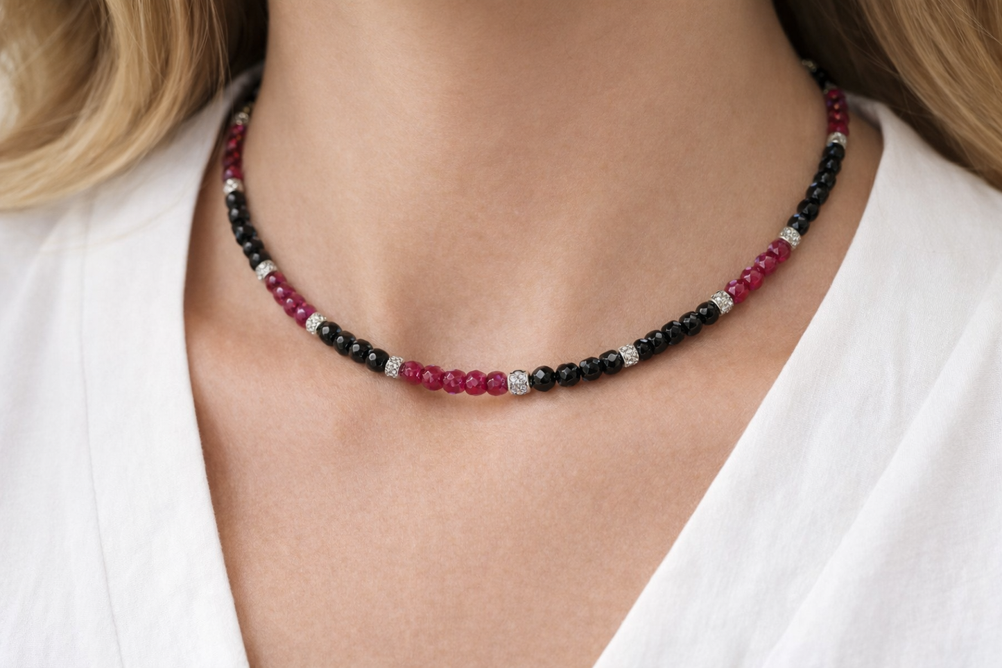 Girocollo in acciaio, spinelli e corindoni rubini Vizio Gioielli