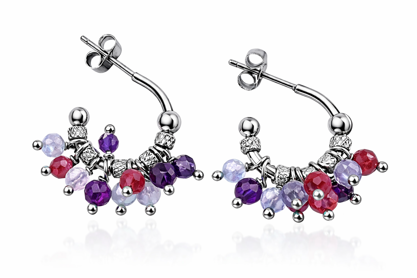 Orecchini in acciaio ad anella, con tanzanite, ametiste e corindoni rubini firmati Vizio Gioielli