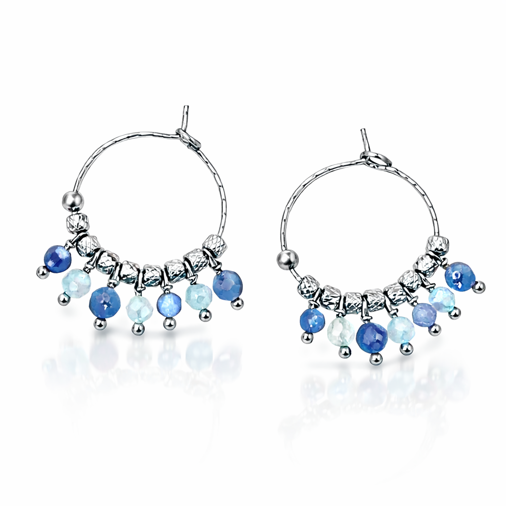 Orecchini in acciaio ad anella, con kyanite e acquamarine firmati Vizio Gioielli