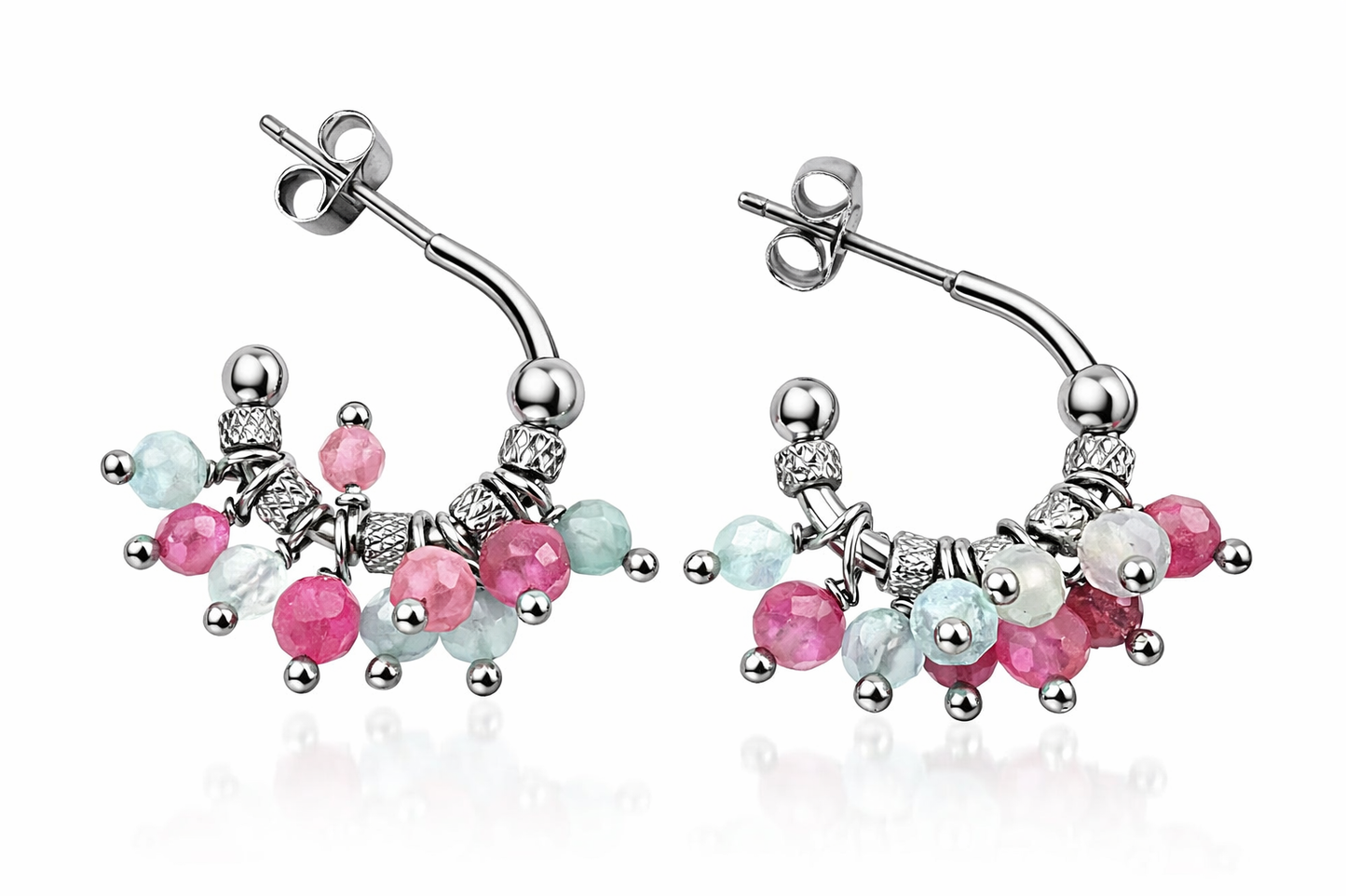 Orecchini in acciaio ad anella, con tormaline e acquamarine firmati Vizio Gioielli