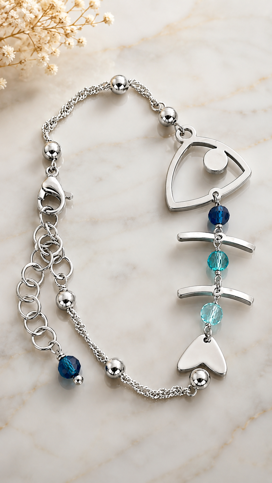 Bracciale Fishbone in Acciaio e Cristalli Blu – Regolabile