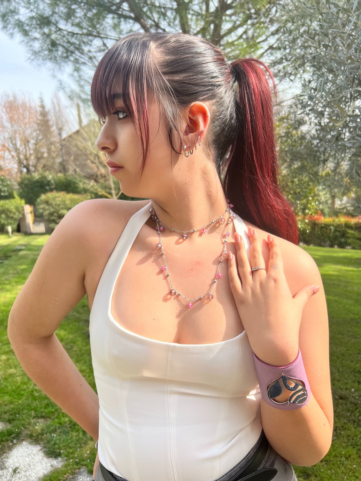 Collana Lunga 90 cm con Cristalli Lilla e Acciaio