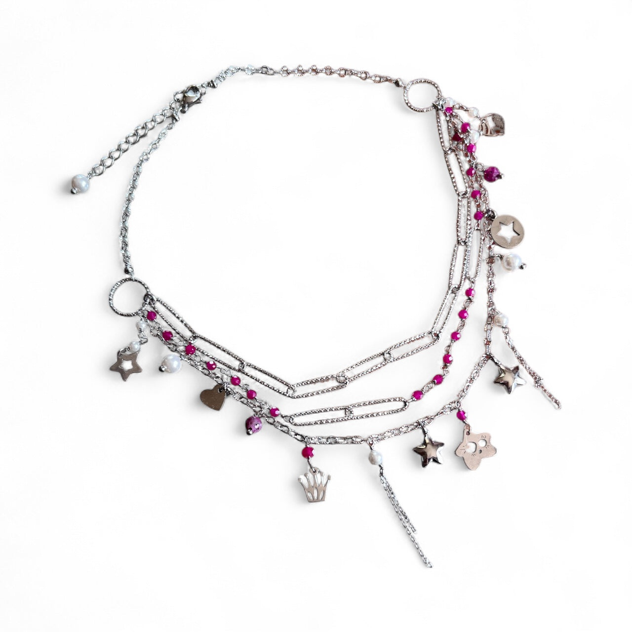 Girocollo triplo in acciaio con rubini lab e perle di conchiglia