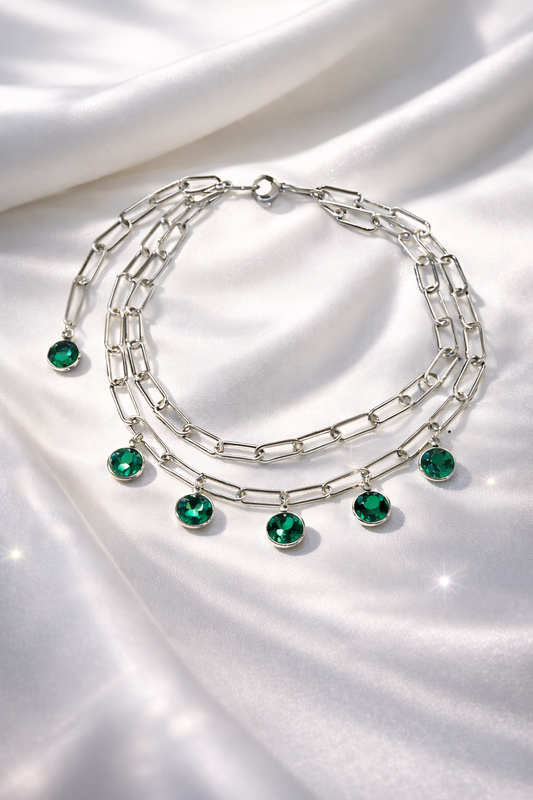 Doppio Girocollo in acciaio e cristalli verdi Vizio Gioielli