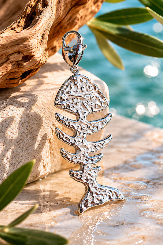 Pendente Fishbone Maxi in Acciaio Inossidabile Silver – Lisca di Pesce 7 cm