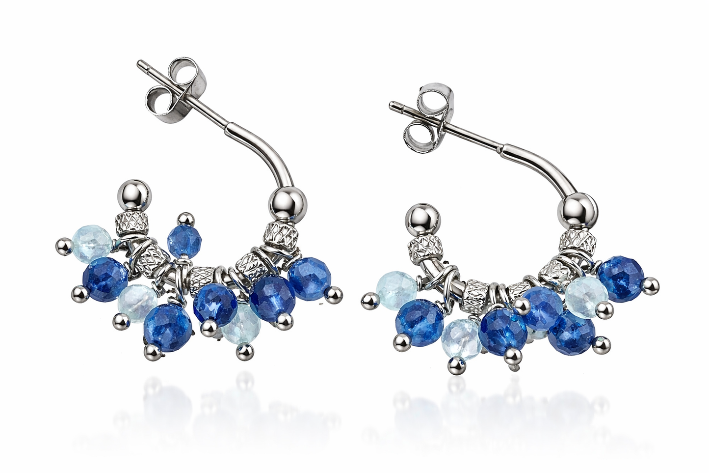 Orecchini in acciaio ad anella, con kyanite e acquamarine firmati Vizio Gioielli