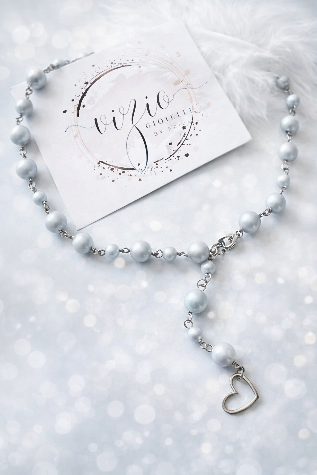 Girocollo Rosario in acciaio e perle Swarovski azzurre Vizio Gioielli