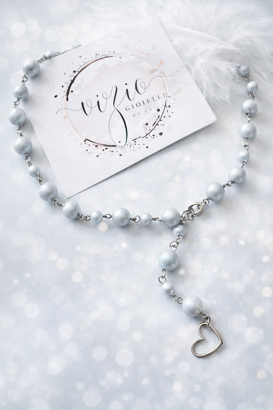 Girocollo Rosario in acciaio e perle Swarovski azzurre Vizio Gioielli