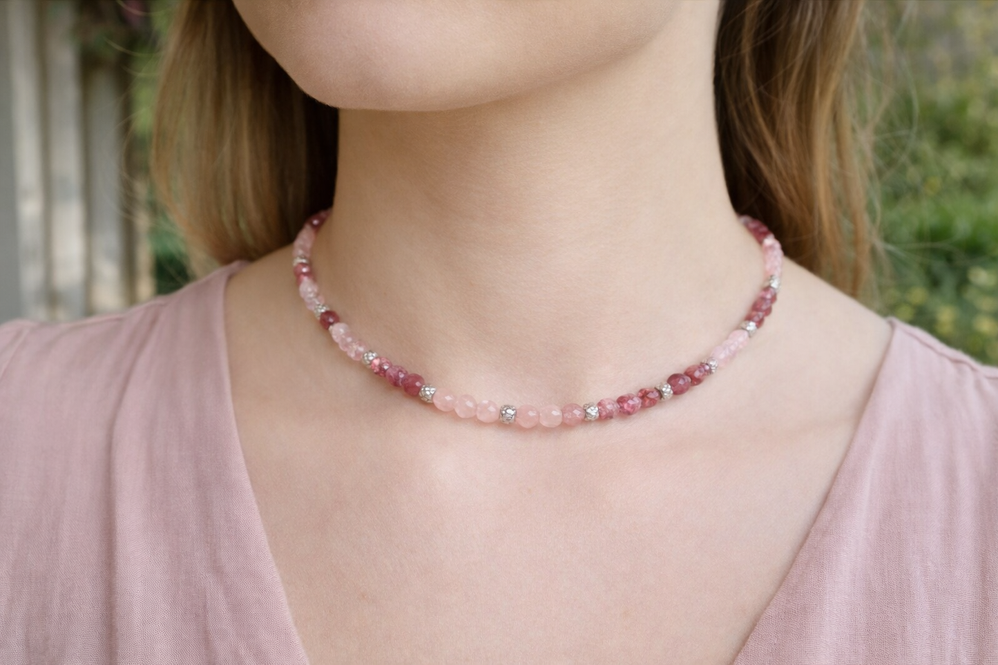 Girocollo in acciaio, tormaline e quarzi rosa Vizio Gioielli