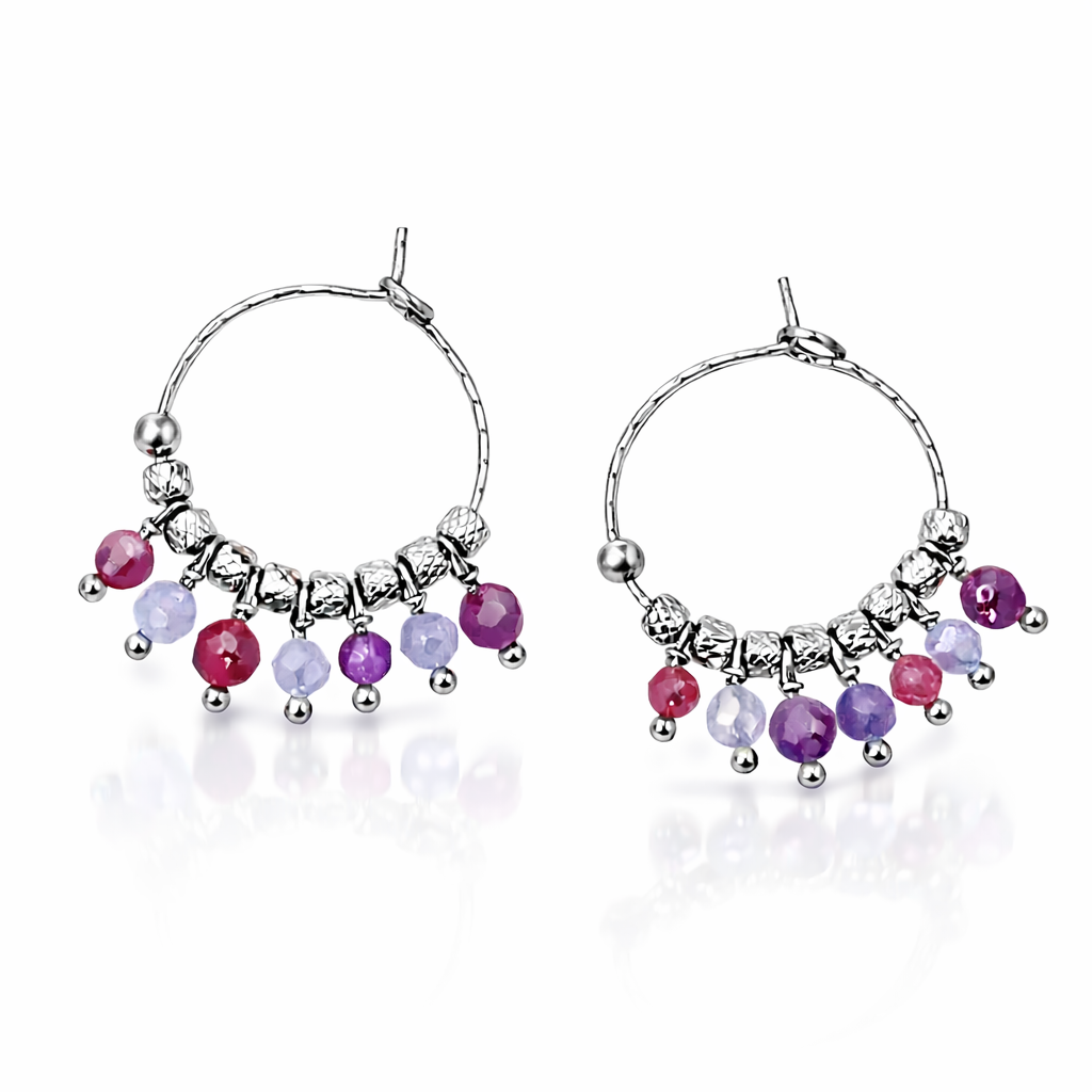 Orecchini in acciaio ad anella, con tanzanite, ametiste e corindoni rubini firmati Vizio Gioielli