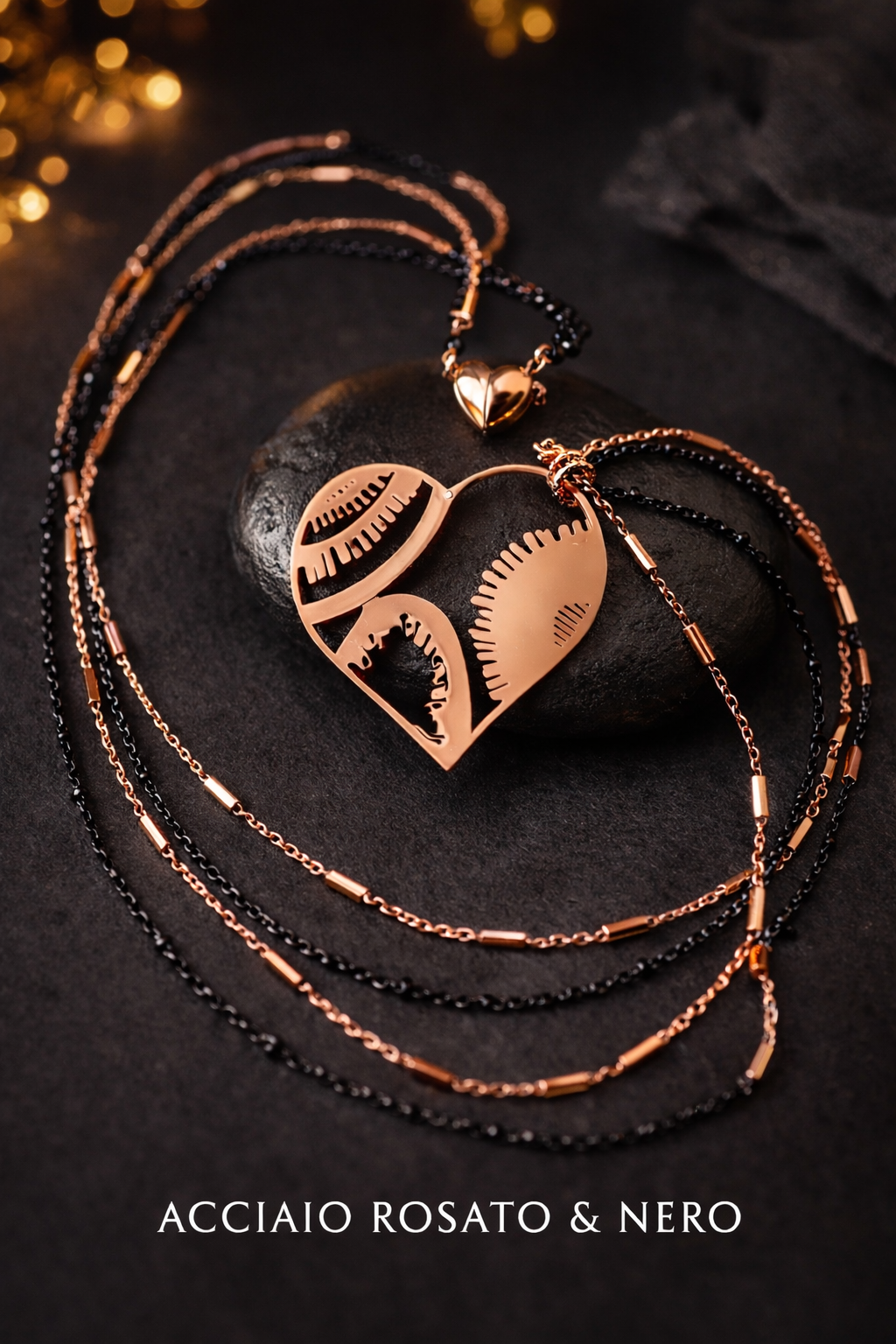 Collana con Cuore Magnetico e Maxi Ciondolo Cuore in Acciaio Rosato e Nero firmato Vizio Gioielli