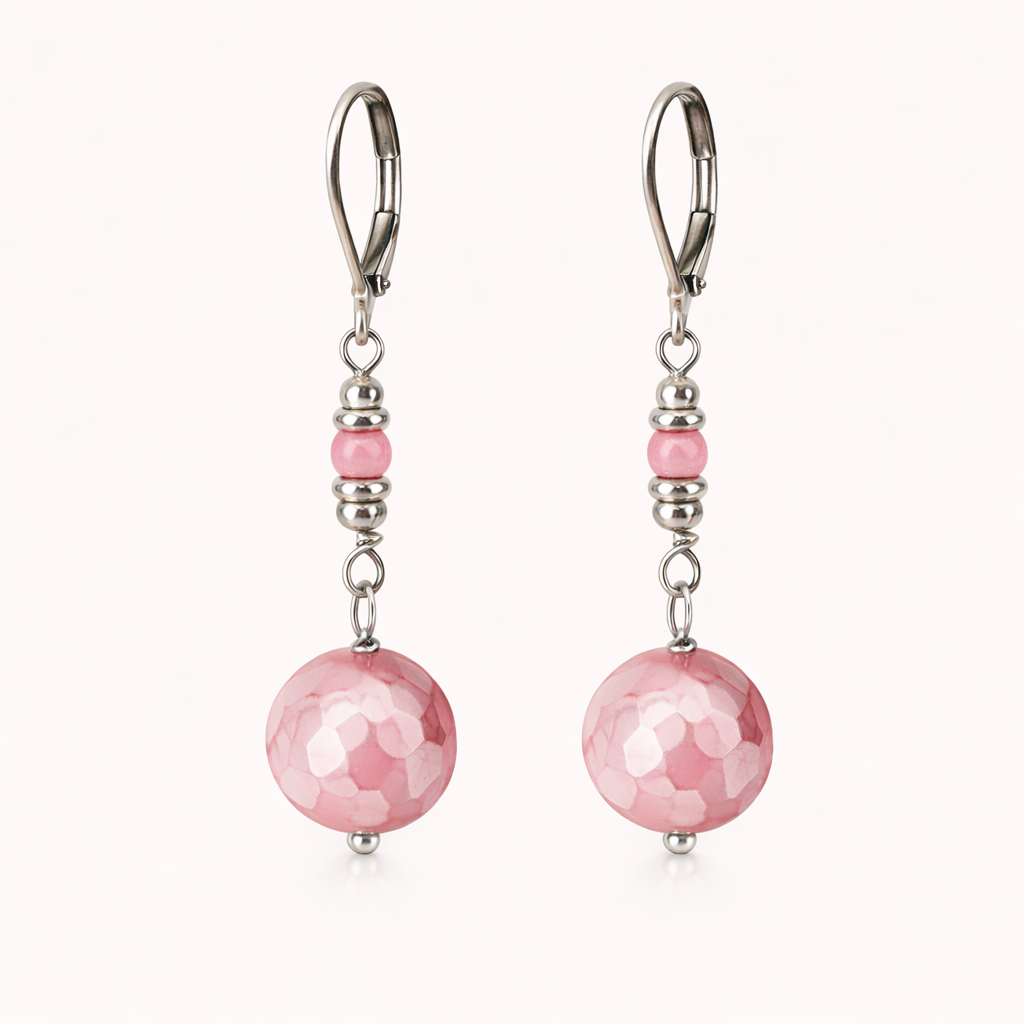 Orecchini pendenti in acciaio, con agate elettrolucidate rosa e pietre naturali firmati Vizio Gioielli