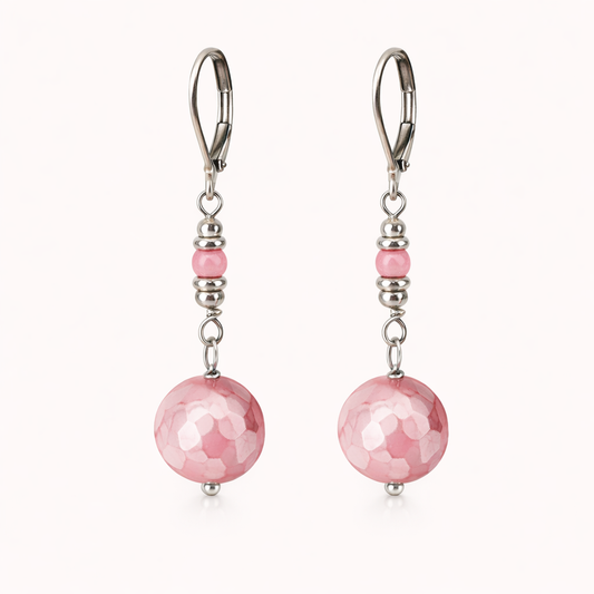 Orecchini pendenti in acciaio, con agate elettrolucidate rosa e pietre naturali firmati Vizio Gioielli