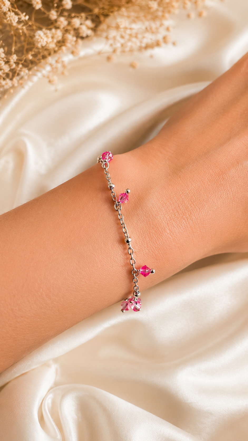 Bracciale Artigianale in Acciaio con Cristalli Rosa Glitter – Regolabile 16-21 cm