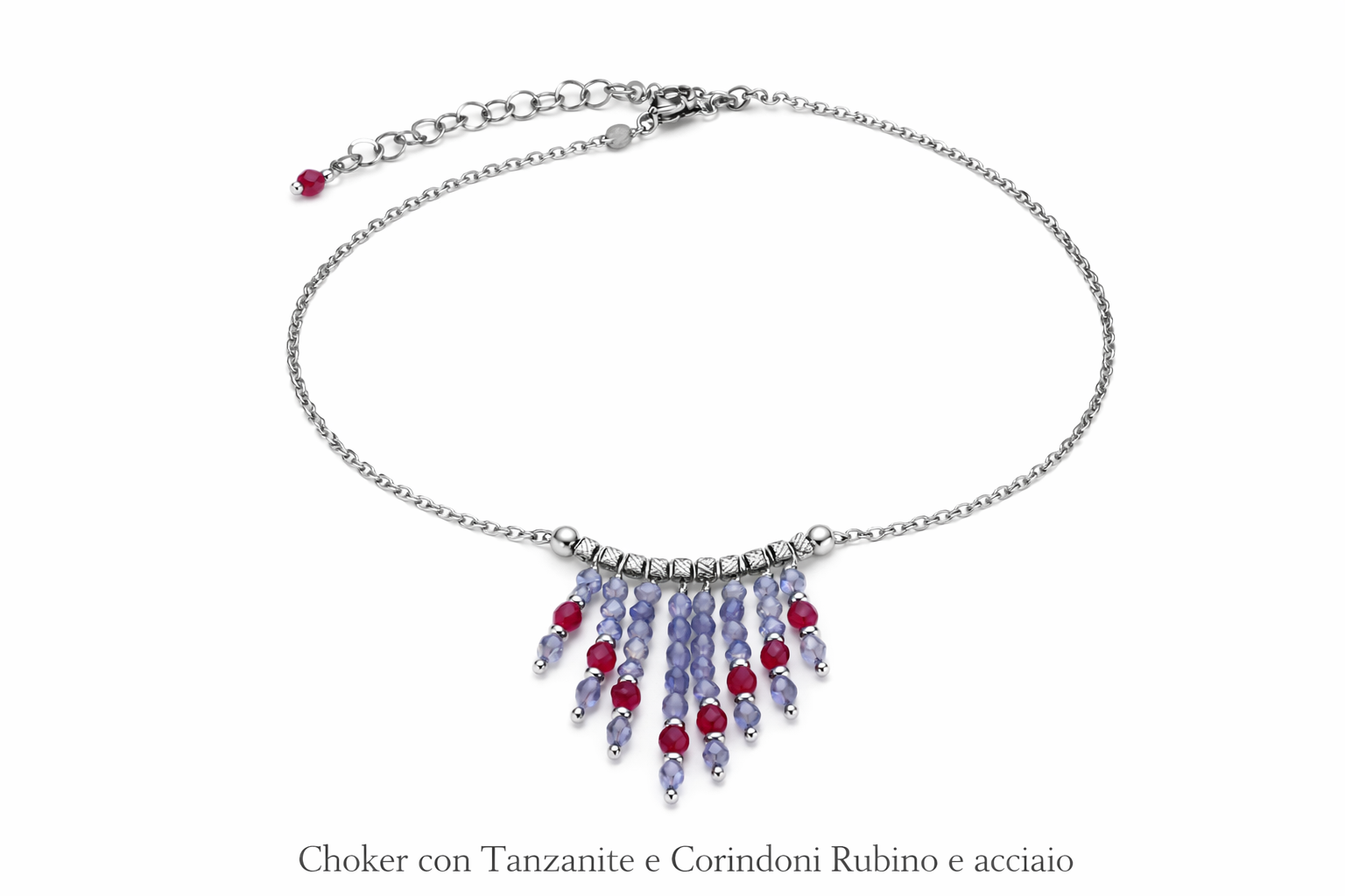 Girocollo in acciaio, tanzanite e corindoni rubini Vizio Gioielli