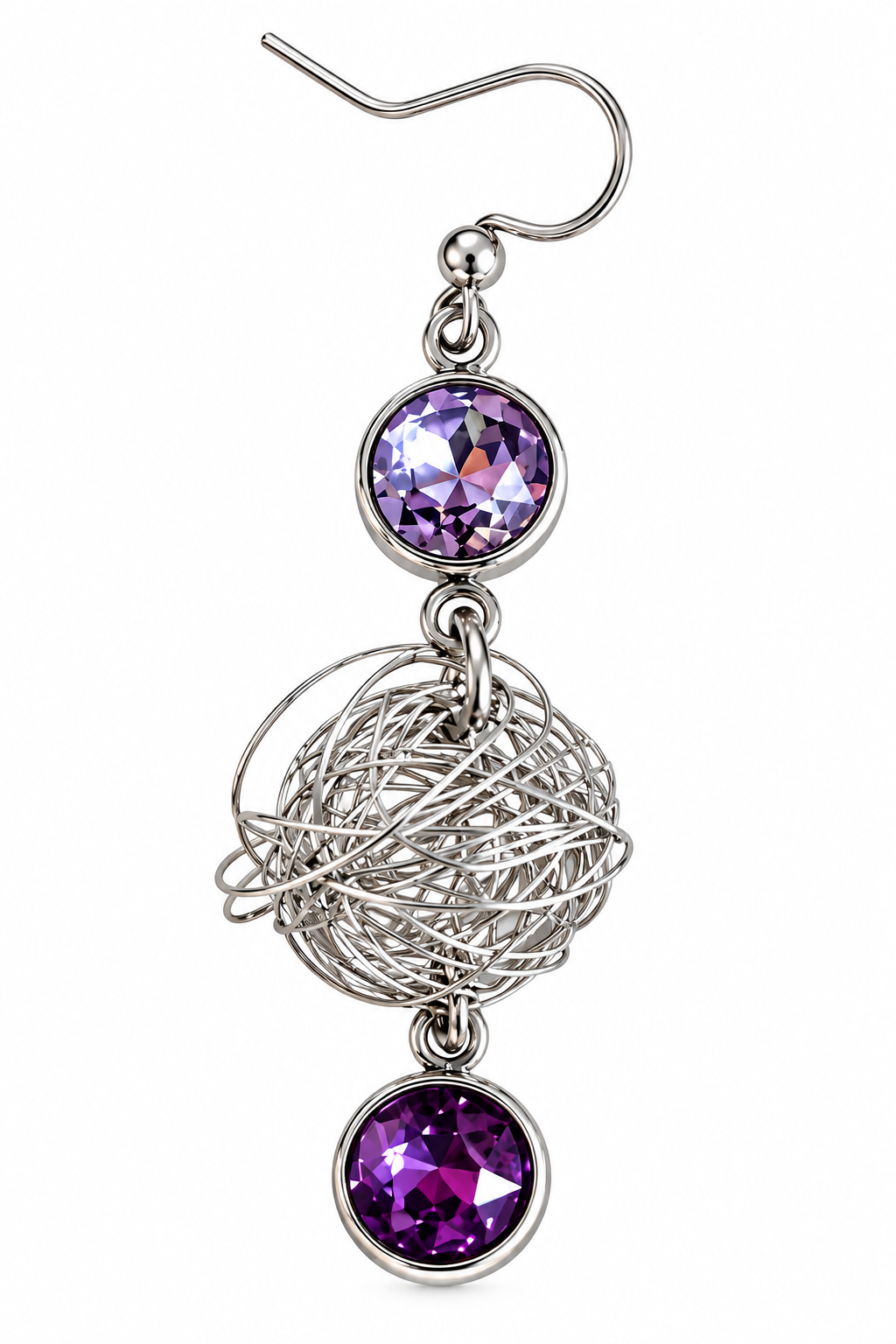 Mono orecchino Stardust Orb in acciaio con cristalli lilla e viola e sfera intrecciata