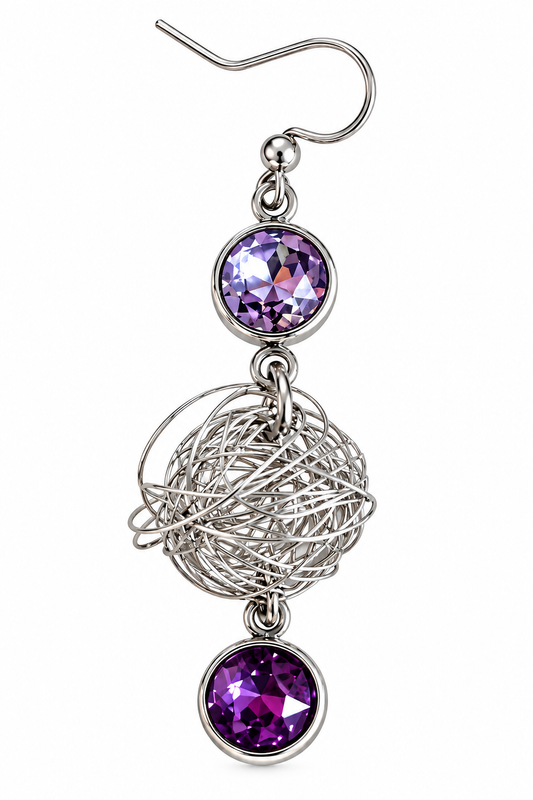 Mono orecchino Stardust Orb in acciaio con cristalli lilla e viola e sfera intrecciata