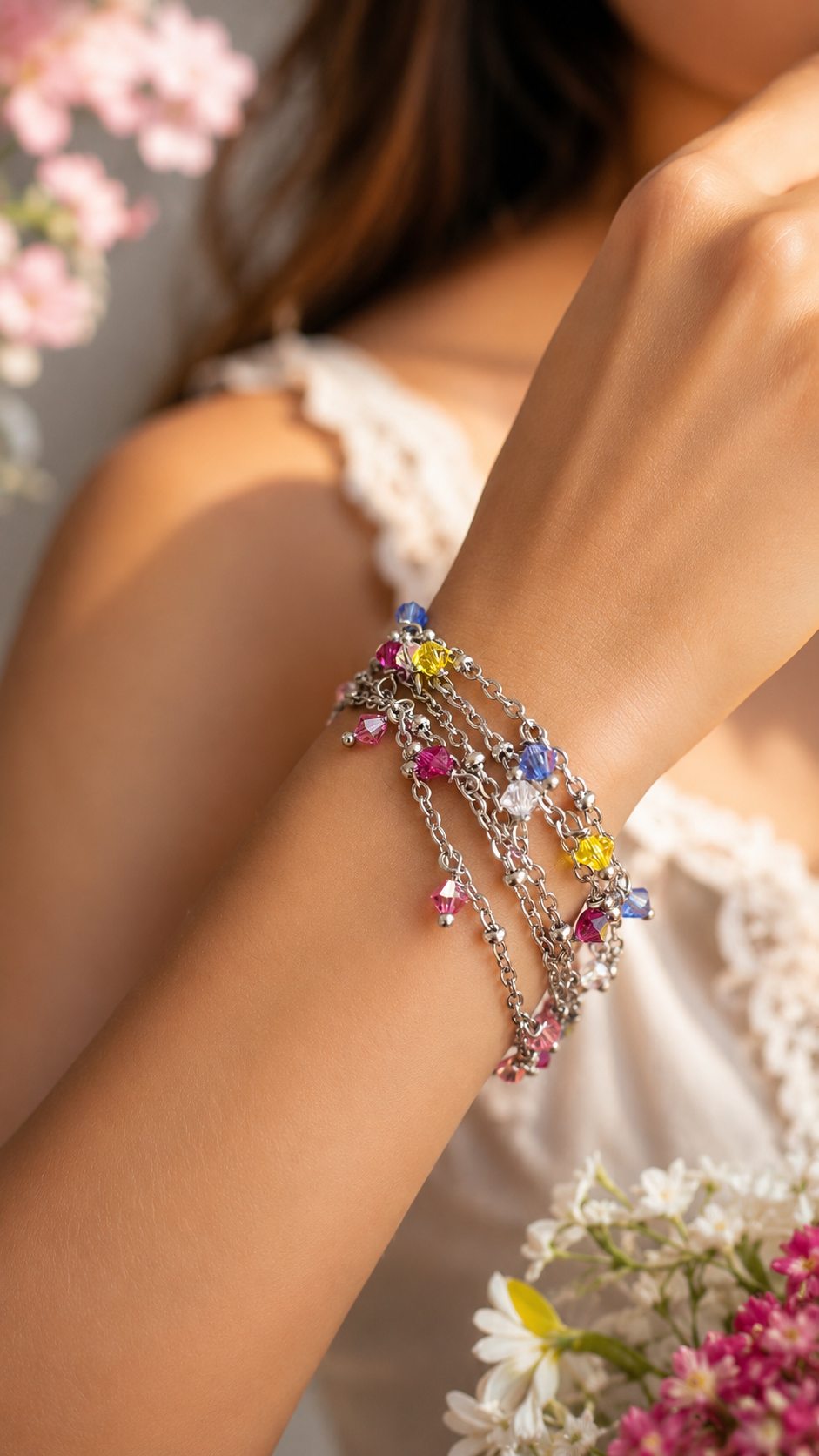 BraccialI ArtigianalI  in Acciaio con Cristalli  Glitter – Regolabile 16-21 cm