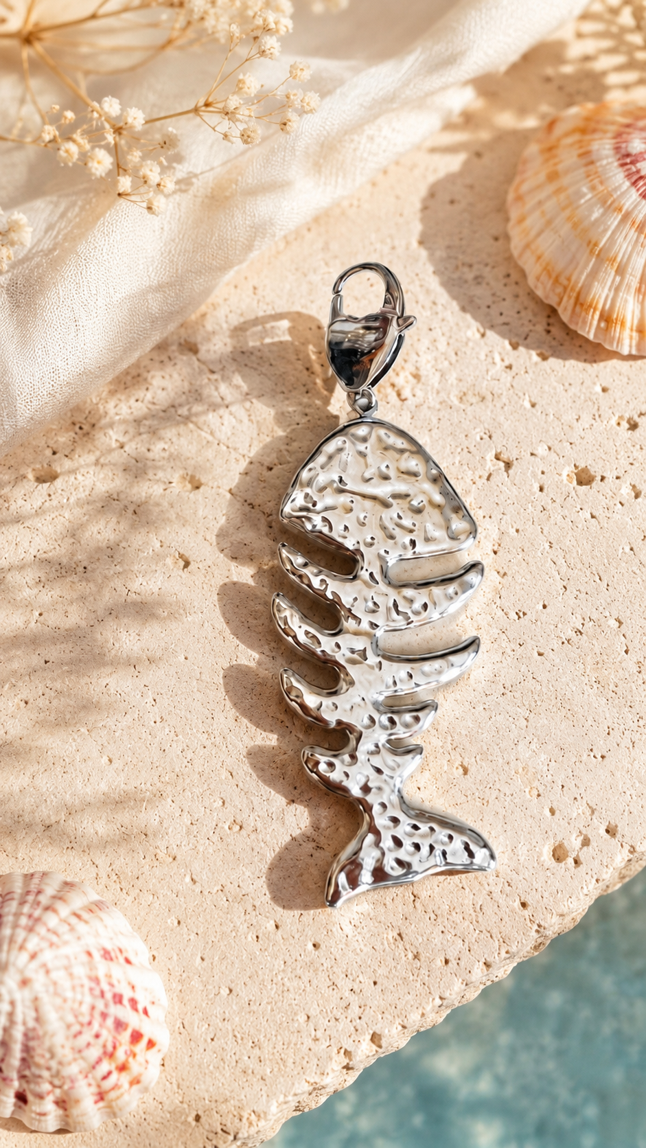 Pendente Fishbone Maxi in Acciaio Inossidabile Silver – Lisca di Pesce 7 cm