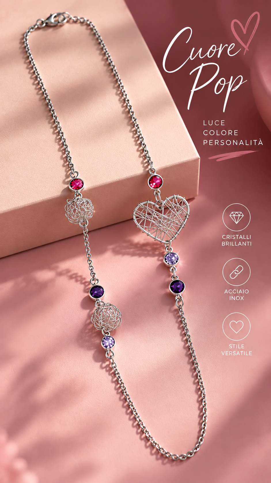 Collana lunga Cuore Pop Stardust in acciaio con cristalli rosa lilla e viola