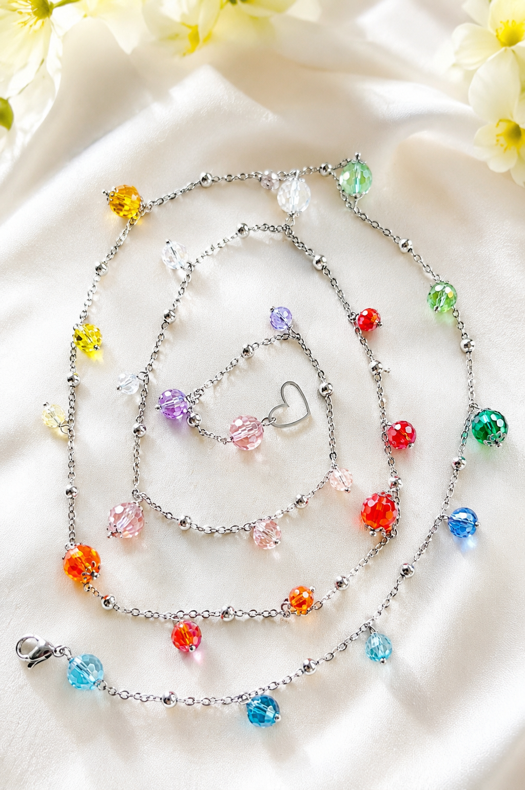 Collana 90 cm Trisversale Rainbow – Acciaio e Perle di Vetro Colorate