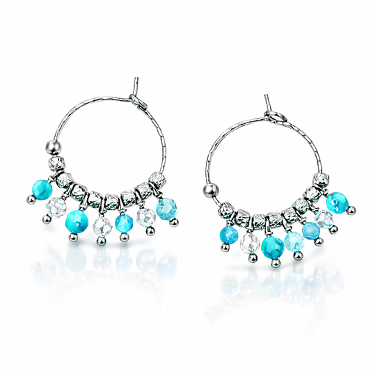 Orecchini in acciaio ad anella, con howlite, cristalli e zirconi firmati Vizio Gioielli