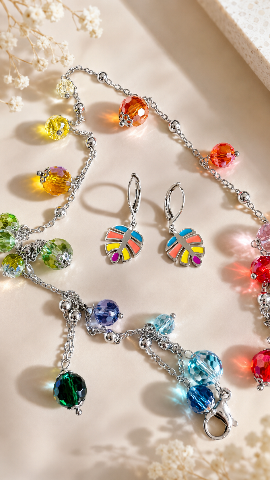 Collana 90 cm Trisversale Rainbow – Acciaio e Perle di Vetro Colorate