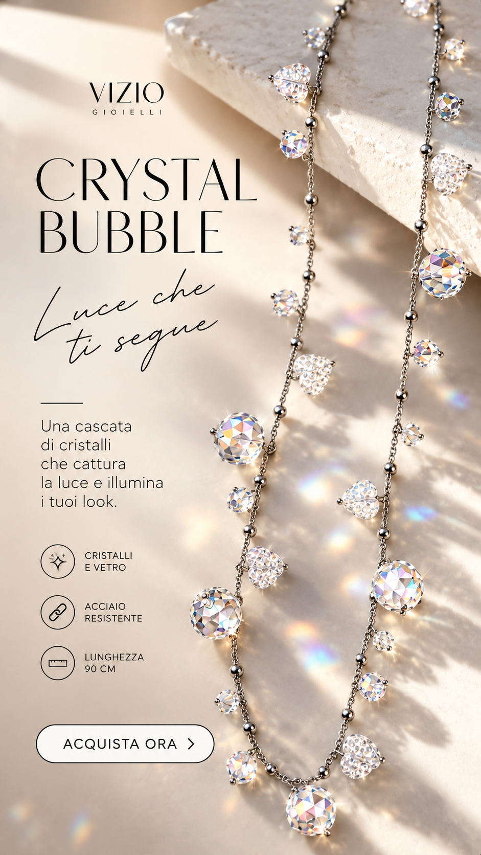 Collana lunga Crystal Bubble 90 cm in acciaio con cristalli e perle di vetro sfaccettate – Vizio Gioielli