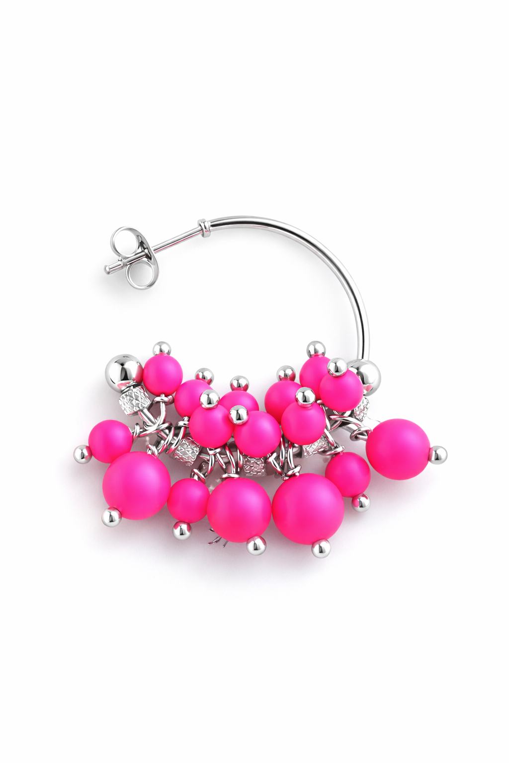 Mono orecchino in acciaio e perle Swarovski rosa fluo firmato Vizio Gioielli