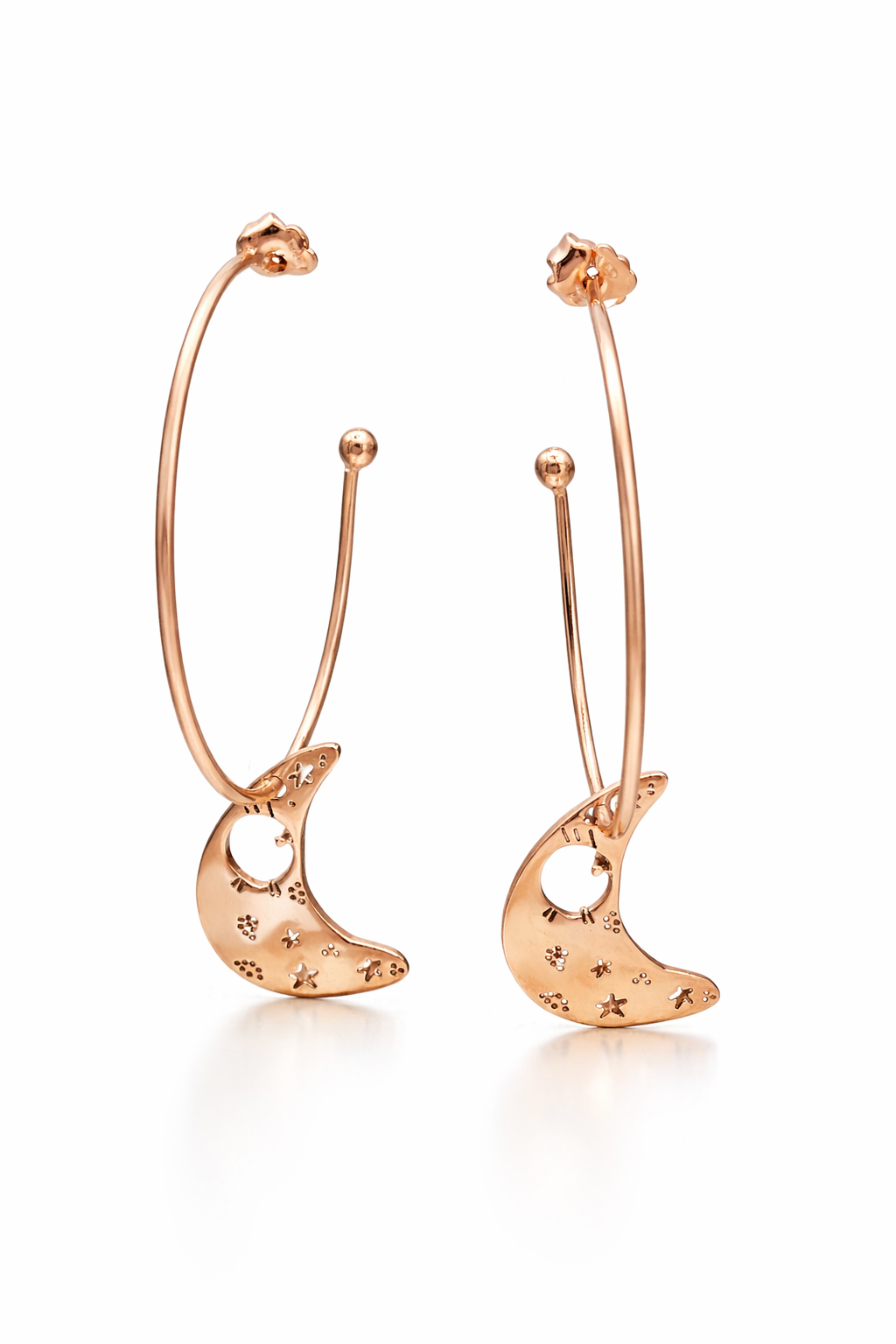 Orecchini ad anella con perno in argento 925, arricchiti da un pendente luna  in acciaio rosato firmati Vizio Gioielli