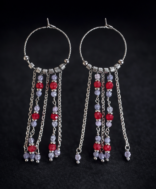 ORECCHINI CERCHIO LUNGHI con tanzanite e corindoni rubini