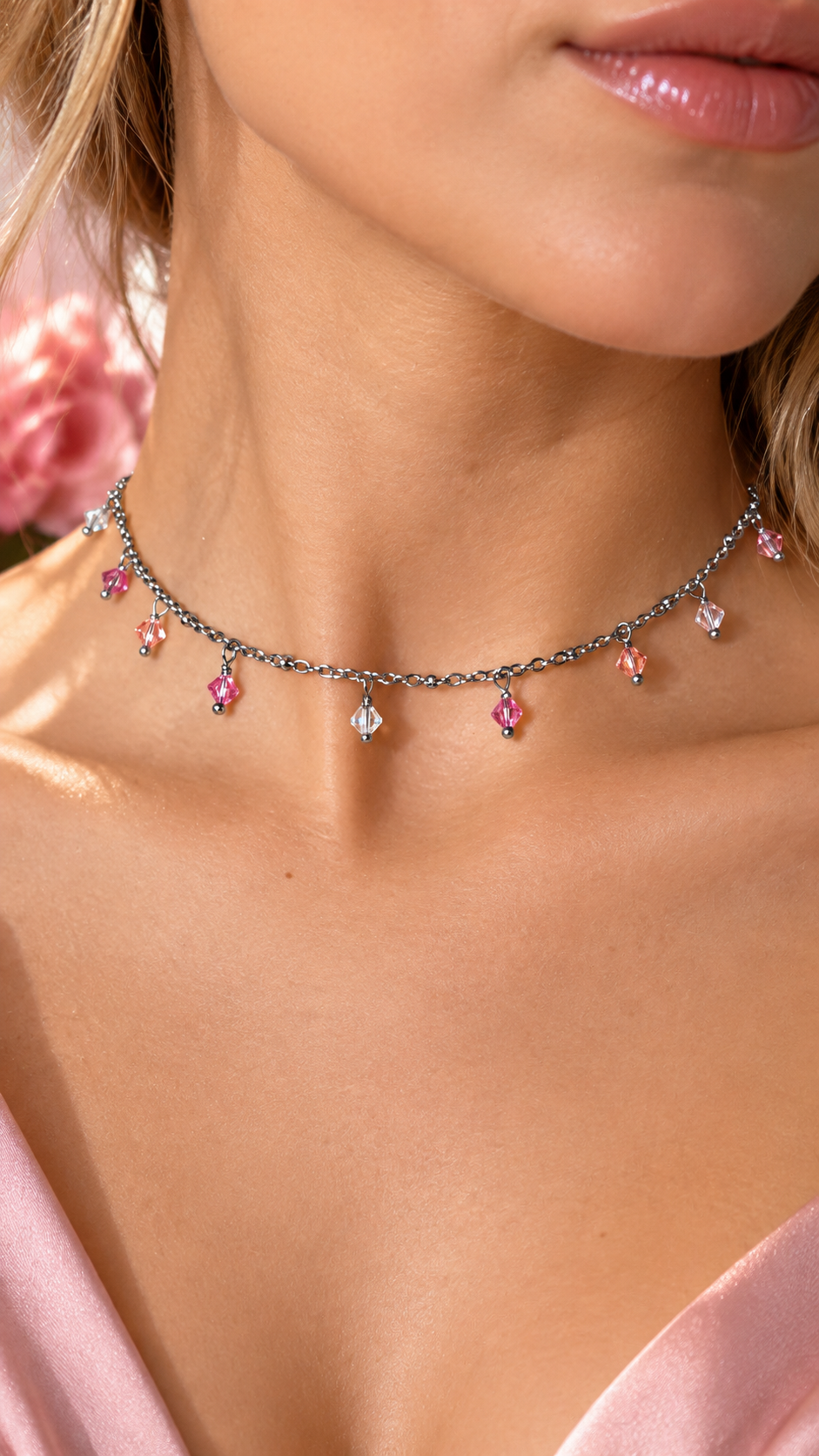 Girocollo California Sunrise in acciaio silver con cristalli crystal rosa e pesca
