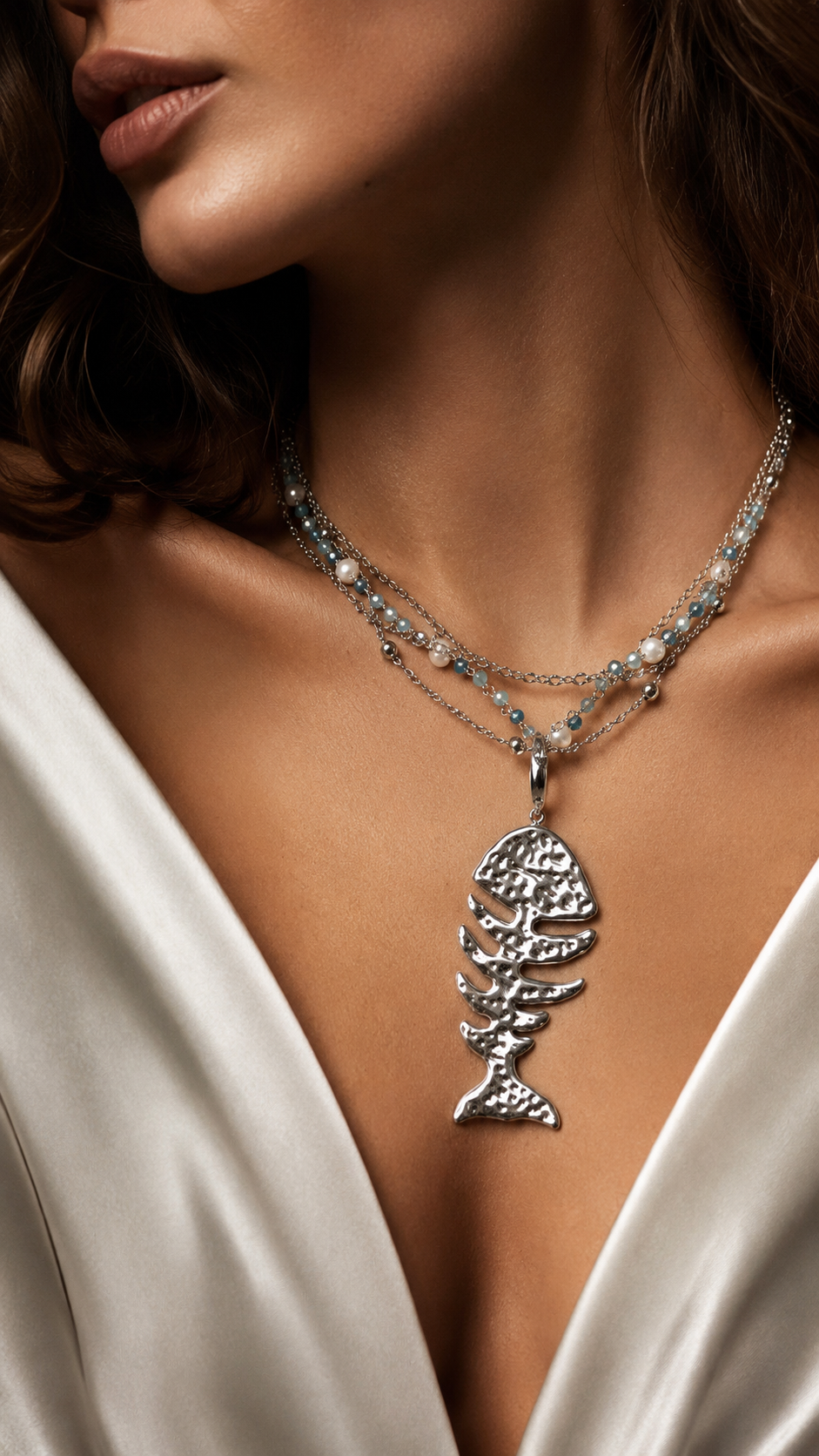 Pendente Fishbone Maxi in Acciaio Inossidabile Silver – Lisca di Pesce 7 cm