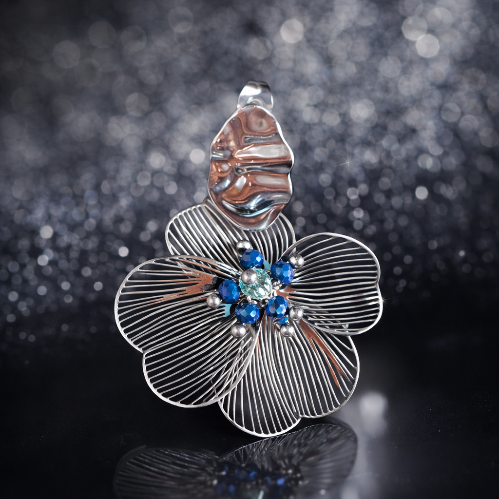 Mono Orecchino Fiore in Acciaio con Cristalli blu firmato Vizio Gioielli