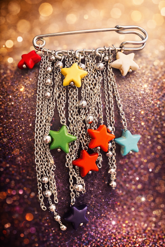 Spilla in Acciaio con Stelle Colorate e Catene Pendenti firmata Vizio Gioielli