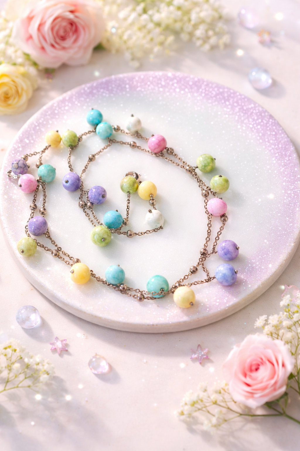 Collana in acciaio e perle di vetro colorate lunga 90 cm firmata Vizio Gioielli