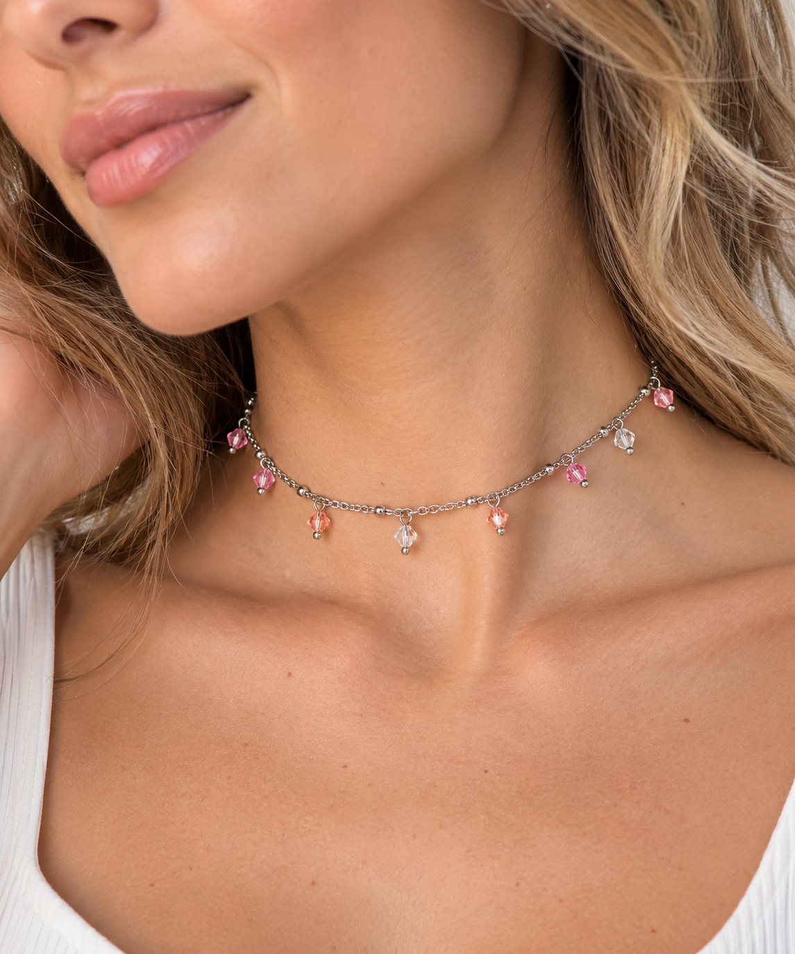 Girocollo California Sunrise in acciaio silver con cristalli crystal rosa e pesca
