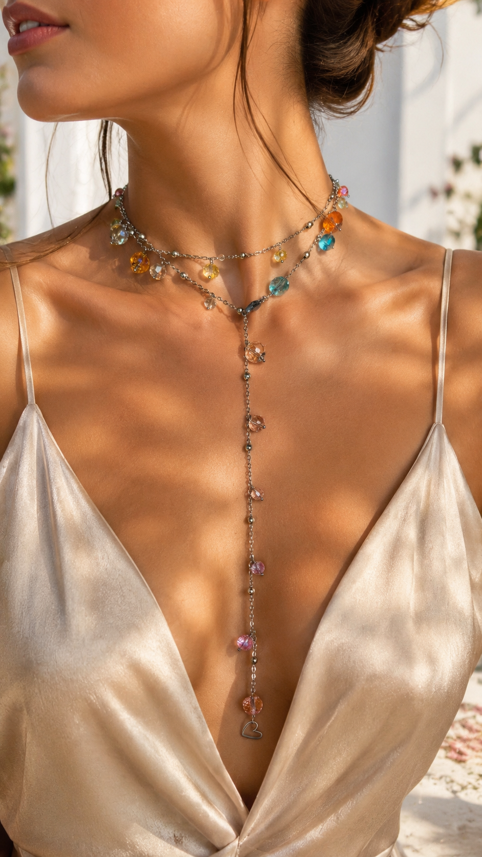 Collana 90 cm Trisversale Rainbow – Acciaio e Perle di Vetro Colorate