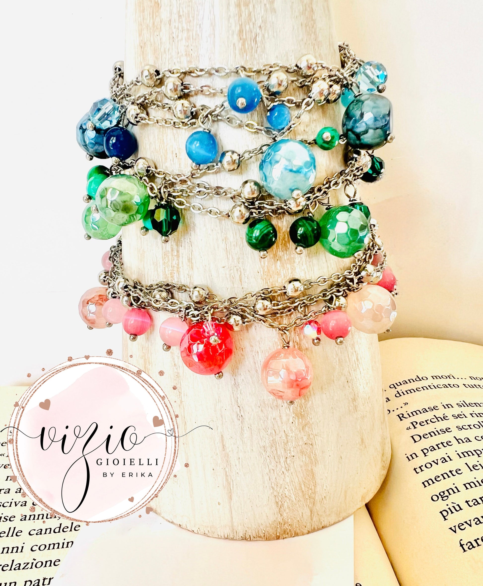 Bracciale multi-strand in acciaio con pietre e cristalli