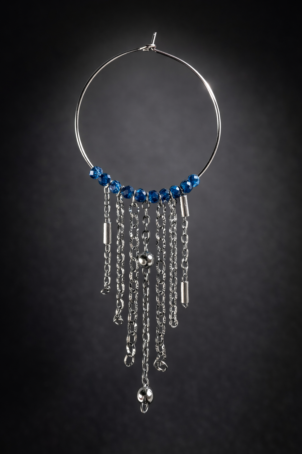 Mono Orecchino Maxi in Acciaio con Zirconi blu e Catene firmato Vizio Gioielli