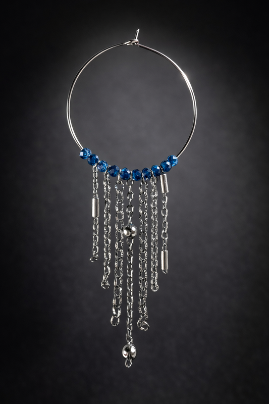 Mono Orecchino Maxi in Acciaio con Zirconi blu e Catene firmato Vizio Gioielli