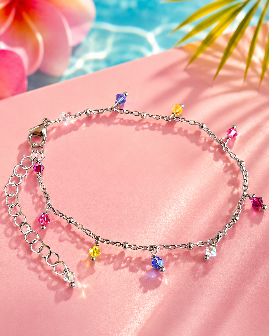 Cavigliera Rainbow Glitter – Cavigliera in acciaio chirurgico con cristalli Preciosa regolabile