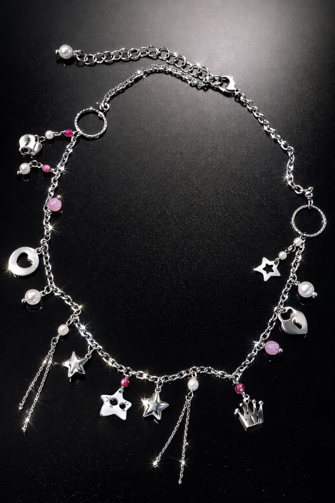 Girocollo in acciaio, corindoni rubini e perle di conchiglia Vizio Gioielli