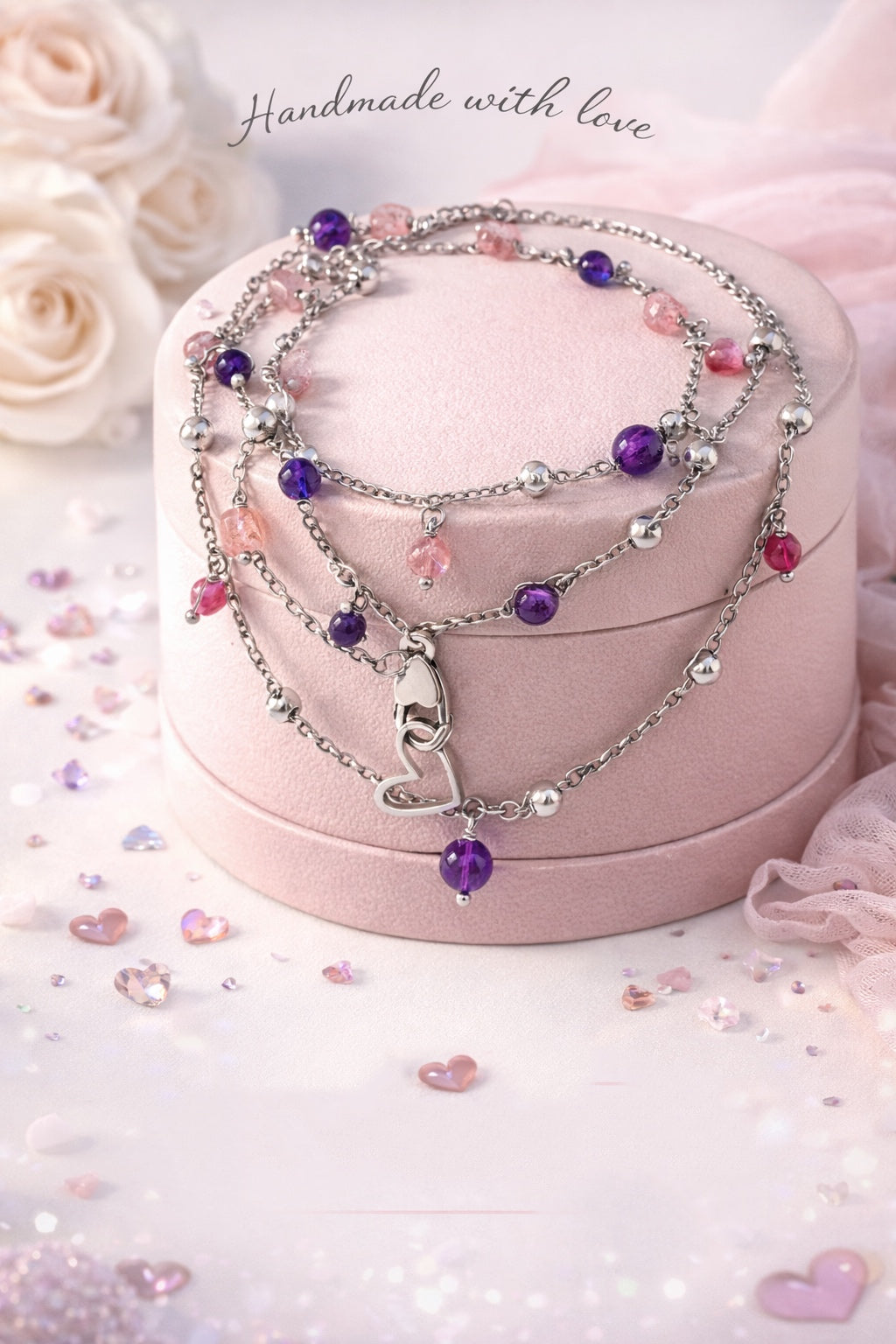 Collana in acciaio, tormaline, ametiste quarzi rosa firmata Vizio Gioielli