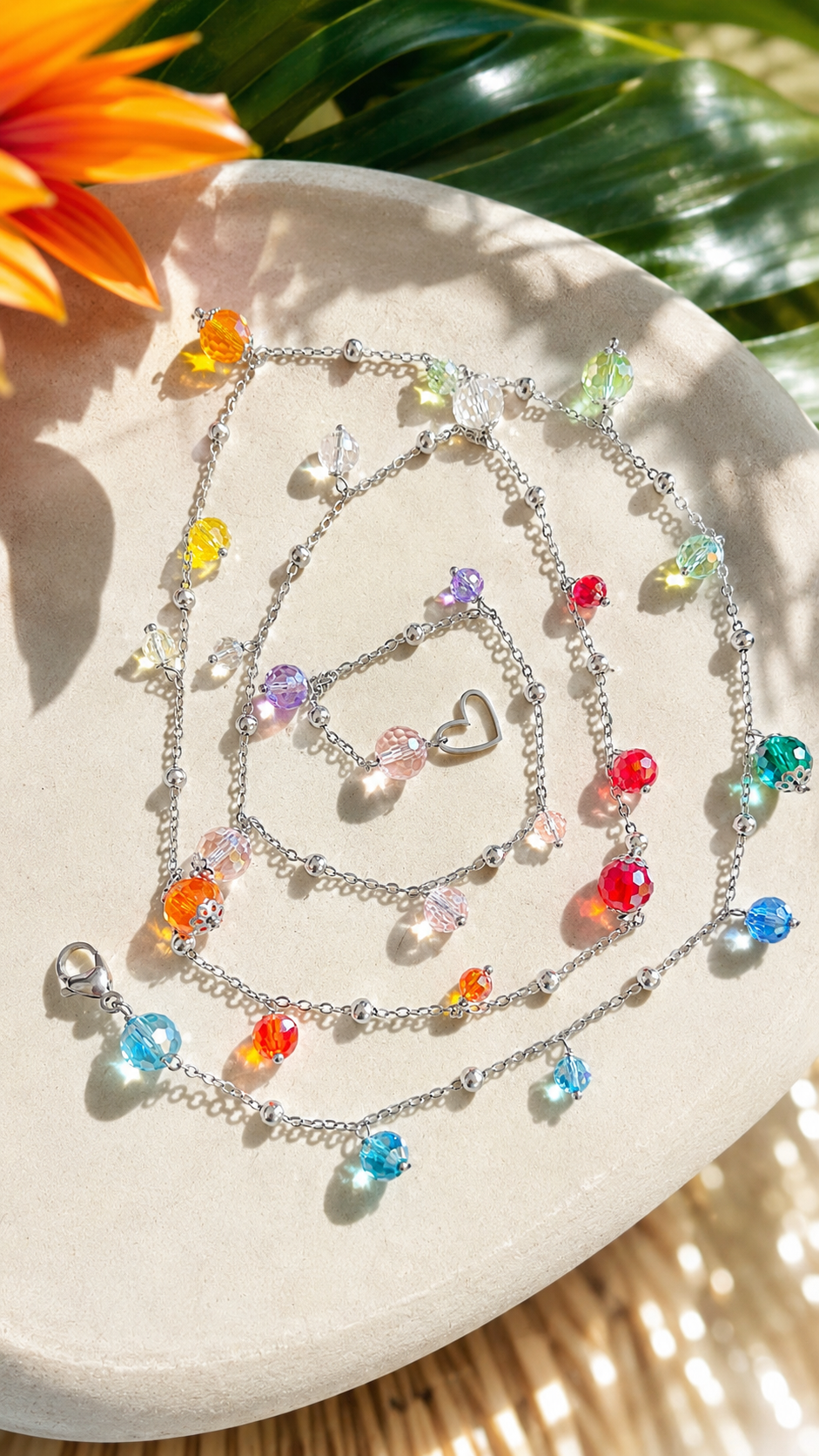 Collana 90 cm Trisversale Rainbow – Acciaio e Perle di Vetro Colorate