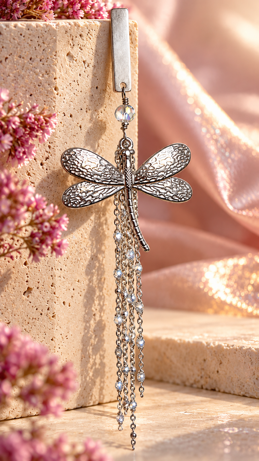 Mono orecchino Libellula Long silver indossato, con libellula argentata e lunghe catenelle pendenti, Vizio Gioielli